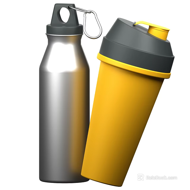 Durable Stainless Steel Water Bottle And Yellow Gym Shaker Cup With Black Lids 3d model 