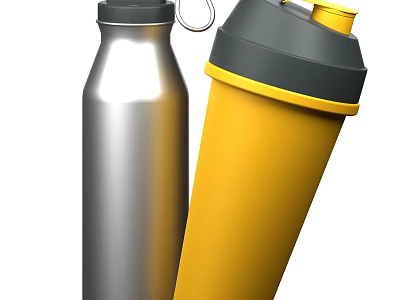Durable Stainless Steel Water Bottle And Yellow Gym Shaker Cup With Black Lids 3d model