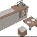 Modern Wooden Bar Counter Design With Cash Register Small Tables And Stools