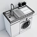 White Washing Machine with Sink Faucet Countertop and Green Plants on Wooden Cabinet