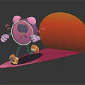Cartoon Style Pink Alarm Clock with Arms Legs Running on Pink Platform with Red Background