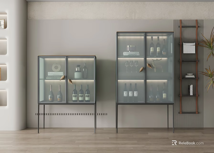 Two Modern Wine Cabinets With Glass Doors Wine Bottles Glasses And Interior Lighting 3d model 