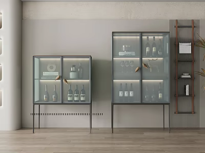 Two Modern Wine Cabinets With Glass Doors Wine Bottles Glasses And Interior Lighting 3d model