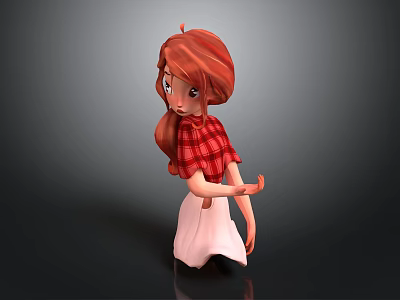 Red Haired Girl Character With Red Plaid Shirt And White Skirt On Gray Background 3d model