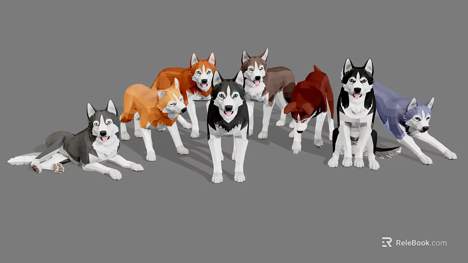 Cute Husky Dogs In Different Colors Standing Together On Gray Background 3d model 
