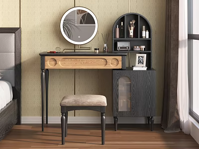 Elegant Wooden Dressing Table With Round Mirror Upholstered Stool And Black Arched Shelf 3d model
