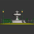 Garden Decorative Scene Featuring Central Fountain Green Benches Lamp Posts Chairs And Yellow Ground