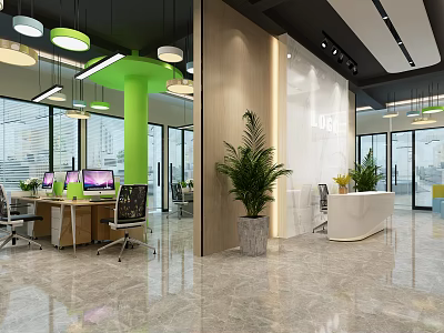 Modern Public Office Workspace With Open Desks Computers Green Plants Pendant Lights And Floor-to-Ceiling Windows 3d model