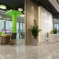 Modern Public Office Workspace With Open Desks Computers Green Plants Pendant Lights And Floor-to-Ceiling Windows