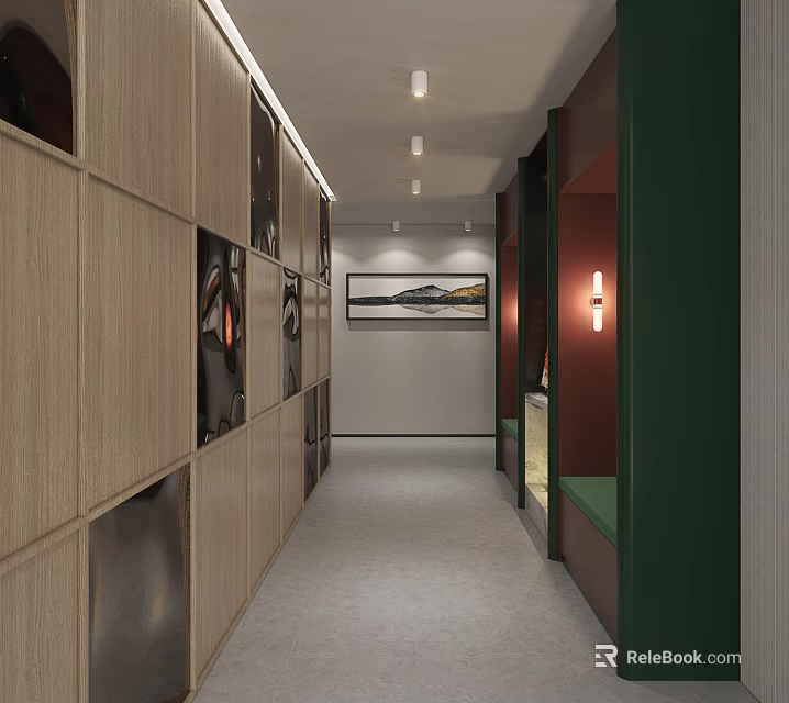 Modern Hotel Corridor With Wooden Panel Walls Recessed Lighting And Decorative Painting 3d model 
