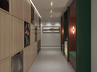 Modern Hotel Corridor With Wooden Panel Walls Recessed Lighting And Decorative Painting 3d model