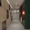 Modern Hotel Corridor With Wooden Panel Walls Recessed Lighting And Decorative Painting