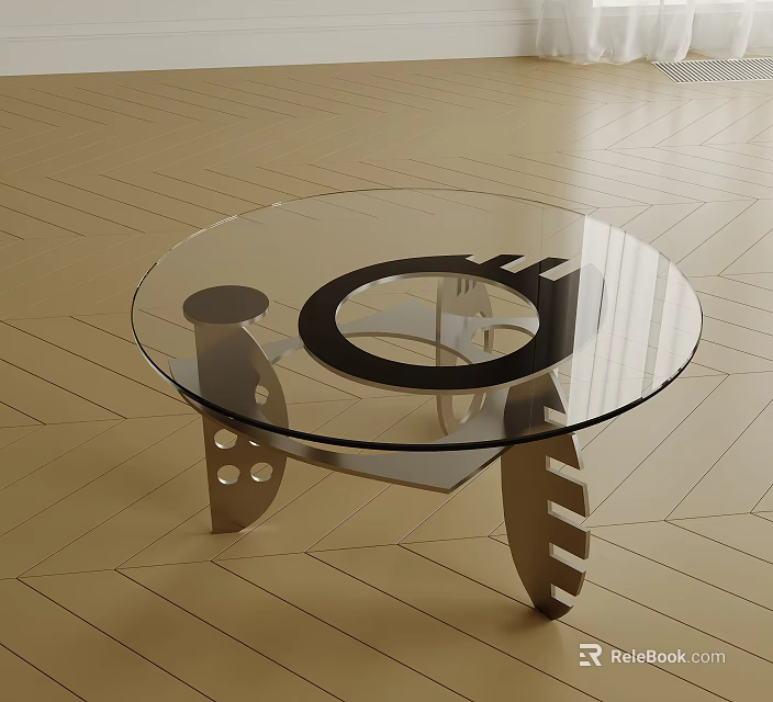Modern Coffee Table With Clear Glass Top And Metal Base Featuring Decorative Holes 3d model 