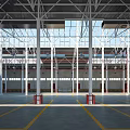 Industrial Workshop With Metal Frame Structure High Ceiling Glass Roof And Red Barriers