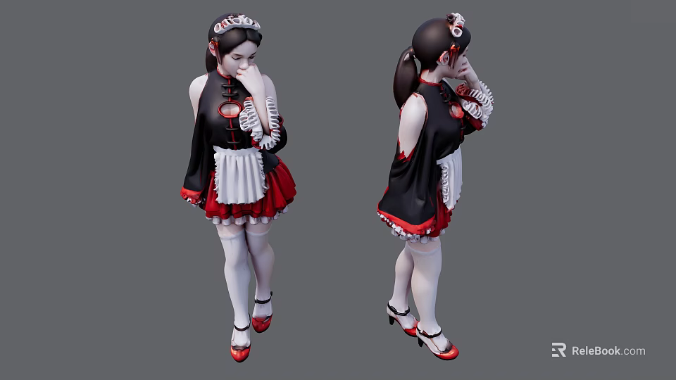Woman In Black Red Maid Costume With White Apron Headpiece Stockings And Red High Heels 3d model 
