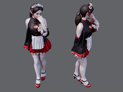 Woman In Black Red Maid Costume With White Apron Headpiece Stockings And Red High Heels 3d model