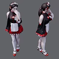 Woman In Black Red Maid Costume With White Apron Headpiece Stockings And Red High Heels