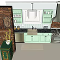 Light Green Kitchen Cabinets With Brick Wall Dishwasher Sink And Stove