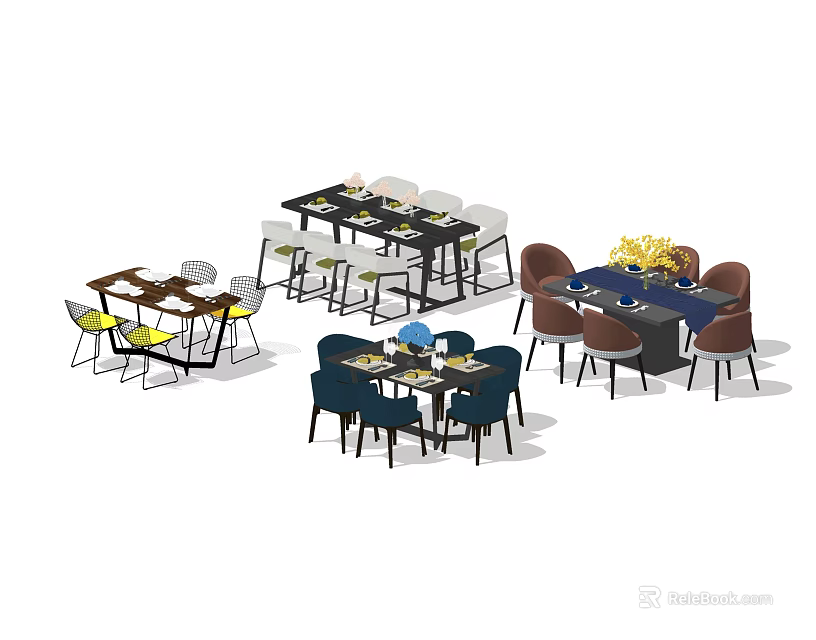 Modern Dining Table Sets With Various Colored Chairs And Decorative Flowers 3d model
