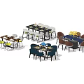 Modern Dining Table Sets With Various Colored Chairs And Decorative Flowers 3d model