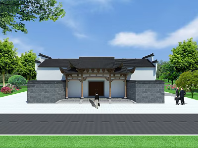Ancient Architecture With Traditional Black Roof White Gray Walls Wooden Entrance And Green Trees Surroundings 3d model