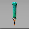 Green Glowing Sword with Orange Ring Shaped Hilt and Vibrant Design