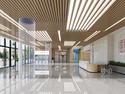 Modern Hospital Outpatient Clinic Lobby With Wooden Ceiling And Glass Windows 3d model