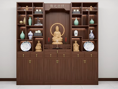 Traditional Chinese Wooden Buddhist Shrine Cabinet with Buddha Statue Vases Plates and Decorative Shelves 3d model