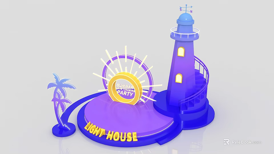 Purple Night Party Stage with Lighthouse Spiral Staircase Palm Tree and Sun Decoration 3d model 
