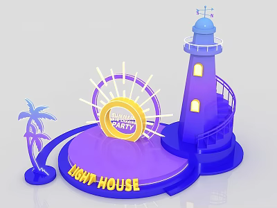 Purple Night Party Stage with Lighthouse Spiral Staircase Palm Tree and Sun Decoration 3d model