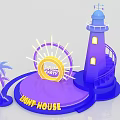 Purple Night Party Stage with Lighthouse Spiral Staircase Palm Tree and Sun Decoration