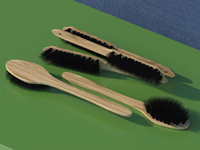 Practical Household Cleaning Brushes With Wooden Handles And Black Bristles On Green Surface 3d model
