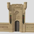 Castle Style Entrance Gate With Towers Decorative Carvings And Flags In Beige Stone Wall