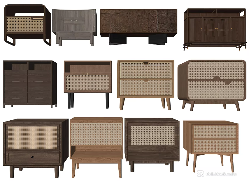 Various Designed Console Tables And Side Cabinets With Wooden And Rattan Elements For Home Entryway 3d model 