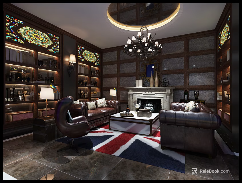 Elegant Classic Lounge Area With Stained Glass Windows Fireplace And Leather Sofas 3d model 