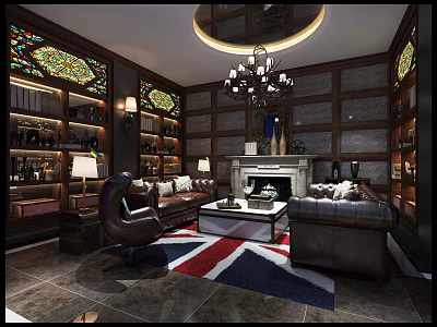 Elegant Classic Lounge Area With Stained Glass Windows Fireplace And Leather Sofas 3d model