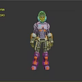 Futuristic Robot Game Movie Character With Blue Orange Mechanical Armor And Metallic Texture