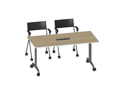 Light Wood Conference Table With Black Legs Two Rolling Chairs And Built in Black Panel 3d model