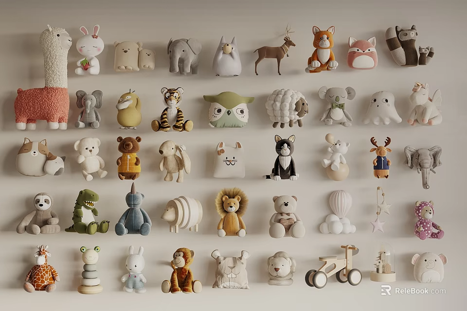 Cute Stuffed Animal Dolls Collection With Rabbit Fox Bear Giraffe Deer And Owl Designs 3d model 