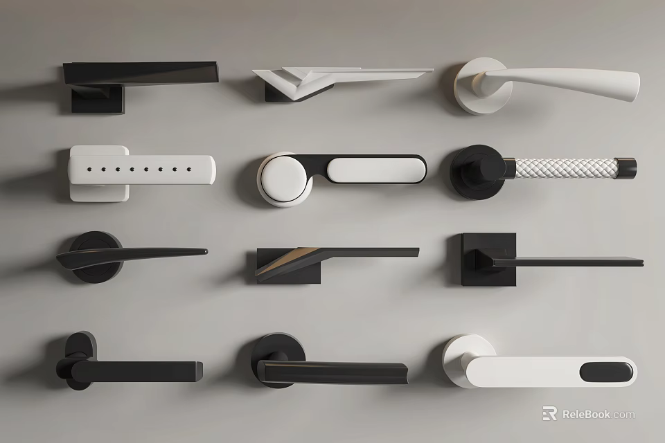 Modern Door Handles Collection Featuring Various Designs And Black White Colors 3d model 