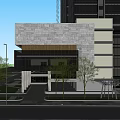 Modern Office Building Exterior Design With Stone Facade Glass Curtain Wall And Street Trees