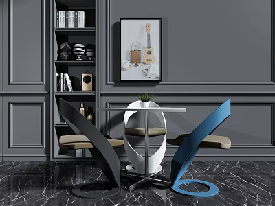Modern Lounge Area With Gray Walls Bookshelf Guitar Artwork Round Table And Stylish Chairs 3d model