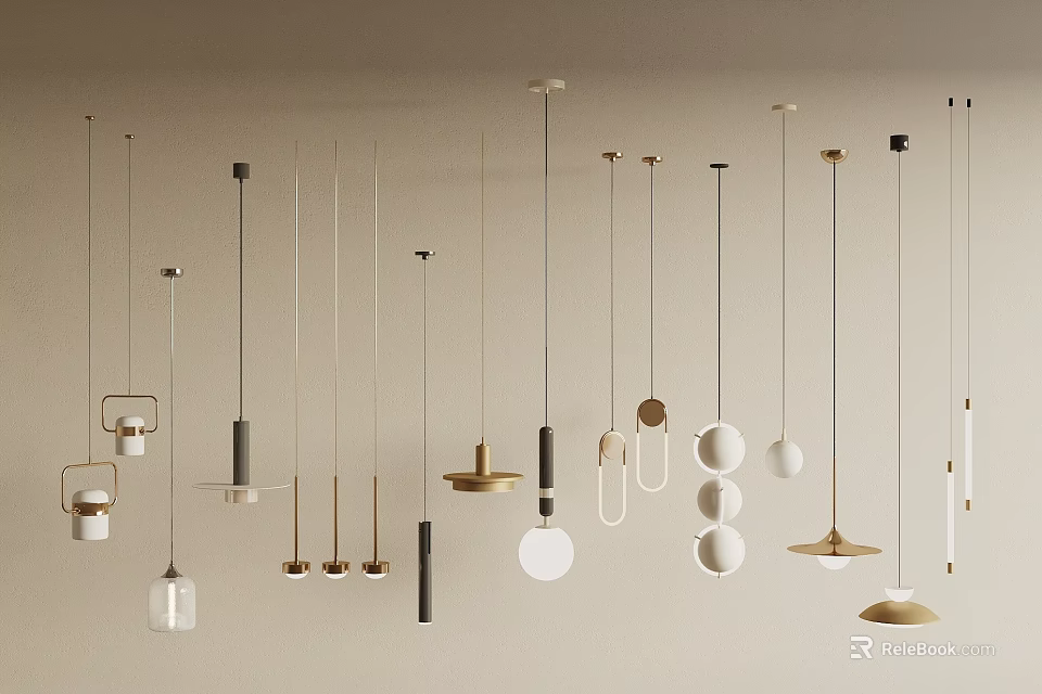 Various Modern Pendant Light Designs in Gold Black White with Geometric Shapes 3d model 