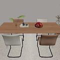 Wooden Dining Table Set With White And Brown Chairs Fruit Bowl Magazines And Plants