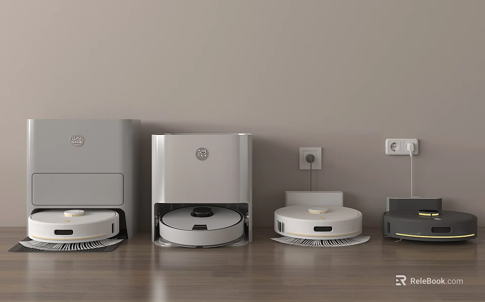 Smart Floor Cleaning Robots With Different Docking And Charging Stations On Wooden Floor 3d model 