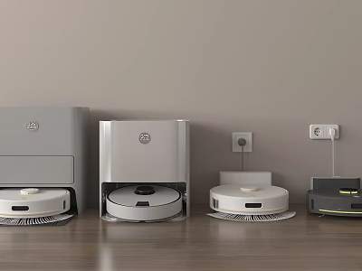 Smart Floor Cleaning Robots With Different Docking And Charging Stations On Wooden Floor 3d model