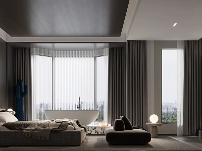 Modern Bedroom Interior With Large Windows Curtains Comfortable Bed And Area Rug 3d model