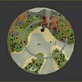 3D Scenic Castle Architecture Model with River Bridge Trees and Small Houses