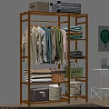 Wooden Open Locker with Hanging Clothes Folded Towels Baskets and Storage Boxes