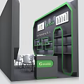 Modern Black And Green Exhibition Booth Featuring Genesis Logo Display Shelves Tables And Chairs